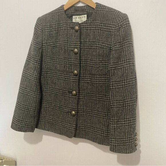Jaeger Wool Blazer UK 10 US 8 Plaid Check Jacket Crest Buttons Made in Britain - Picture 2 of 11